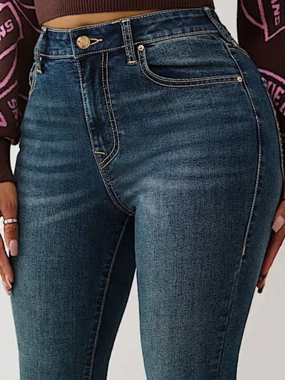 Make Offers! True Religion Joey Mid Rise Big T Flap Flare Jeans 34 - Picture 3 of 10